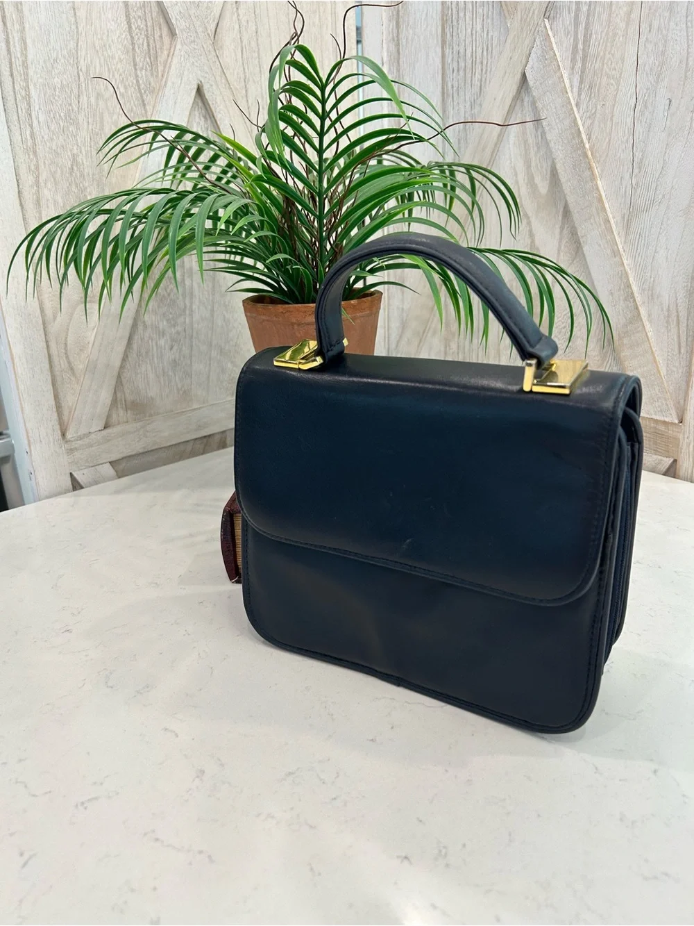 Vintage Structured Navy Leather Bag with Top Handle